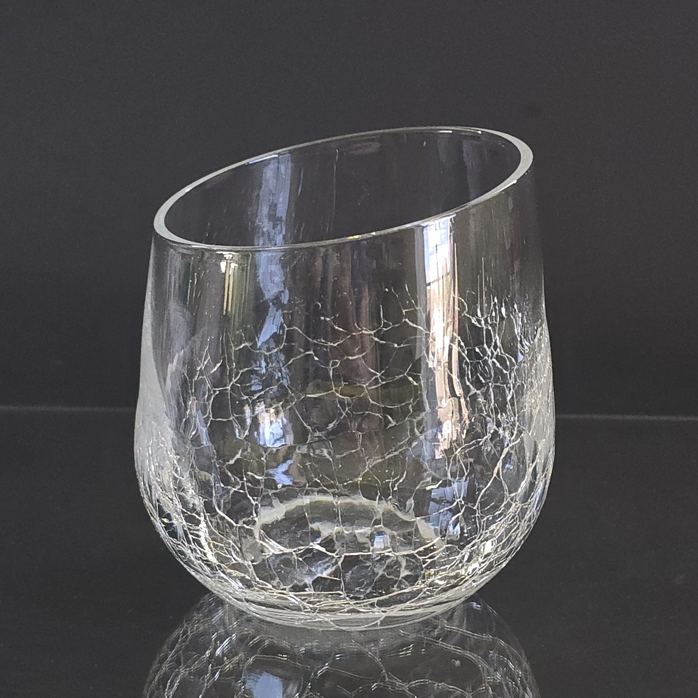 Pier 1 Clear Crackle Angle Slant Rim Stemless Wine Glass Tumbler 4" Retired